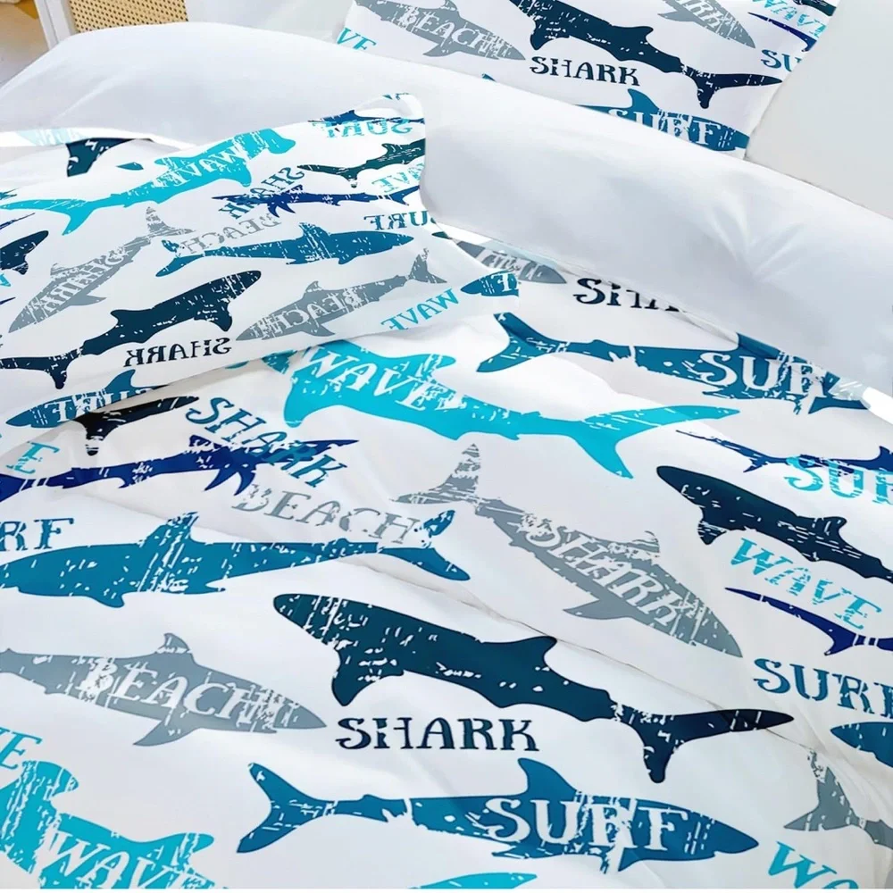 Shark Fish Print Kids Duvet Cover Set King Bedding Cover Set Boys Girls Duvet